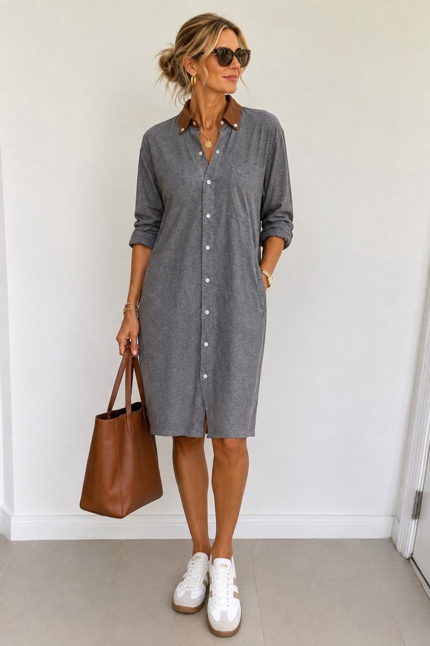 COACH New York Grey Long-Sleeve Button-Down Shirt Dress Size Large